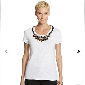 Chico’s Natalia Necklace Tee White Size 1 (M) Beaded‎ Black Bow